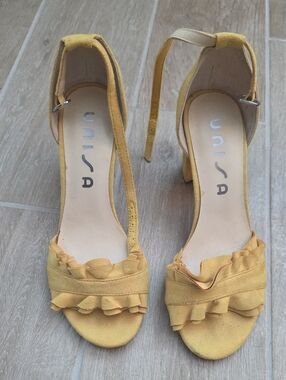 Unisa Mustard Ruffle Suede Ankle-Strap Heels